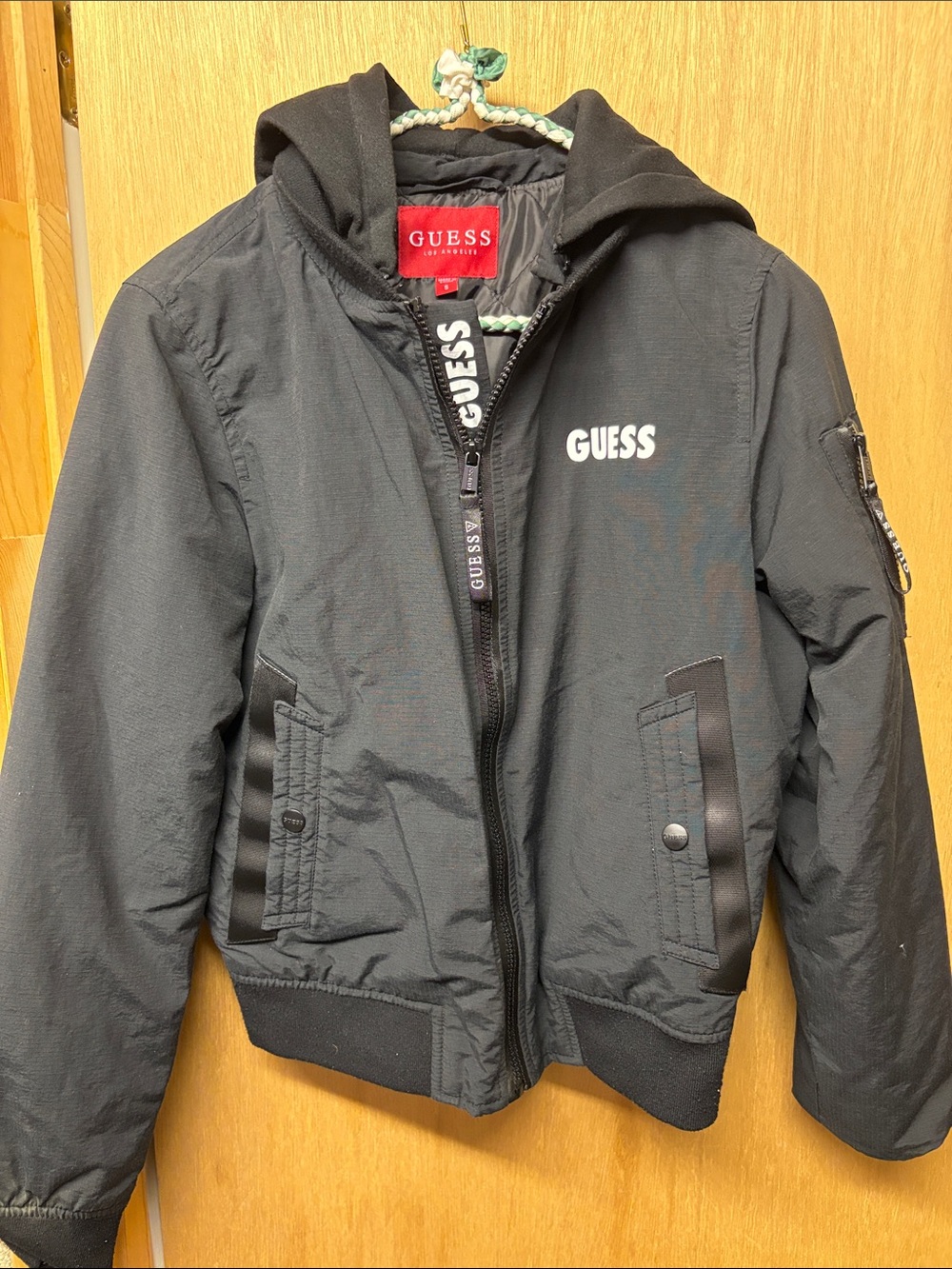 GUESS Black Hooded Bomber Jacket with Logo